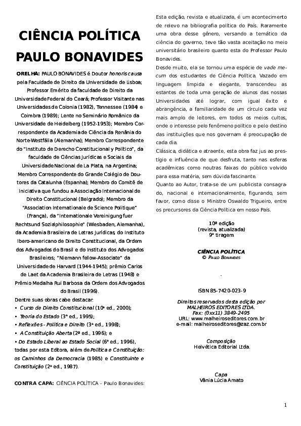 (PDF) Ciencia politica de paulo bonavides Paulo Sousa Academia.edu