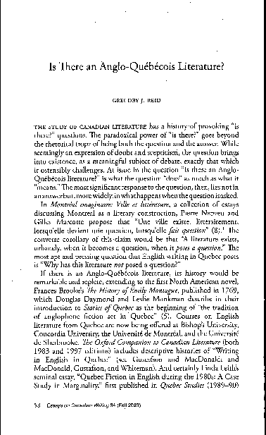 Pdf Is There An Anglo Quebecois Literature Gregory Reid Academia Edu