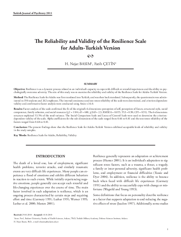 (PDF) The reliability and validity of the Resilience Scale for Adults ...