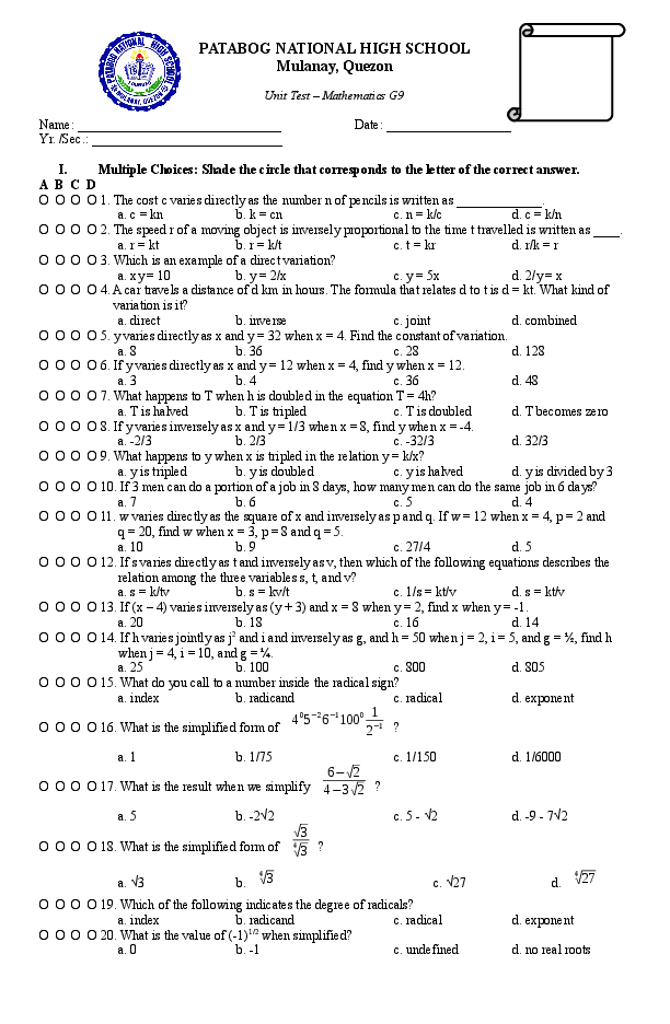 (DOC) Unit Test in Math G9 Orualab Lenra Academia.edu