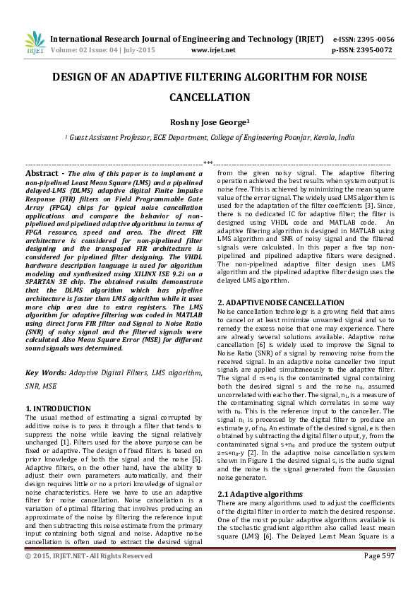 (PDF) IRJET-DESIGN OF AN ADAPTIVE FILTERING ALGORITHM FOR NOISE ...