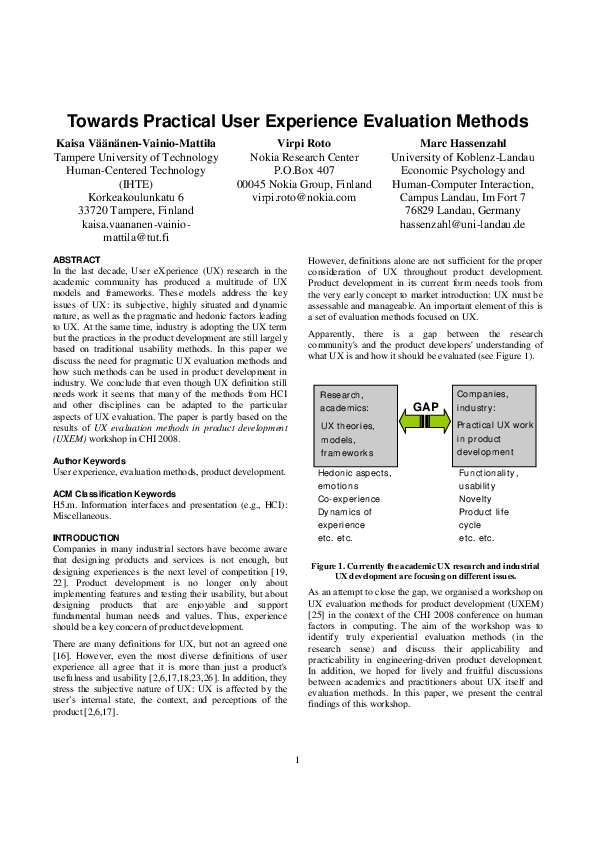 (PDF) Towards Practical User Experience Evaluation Methods