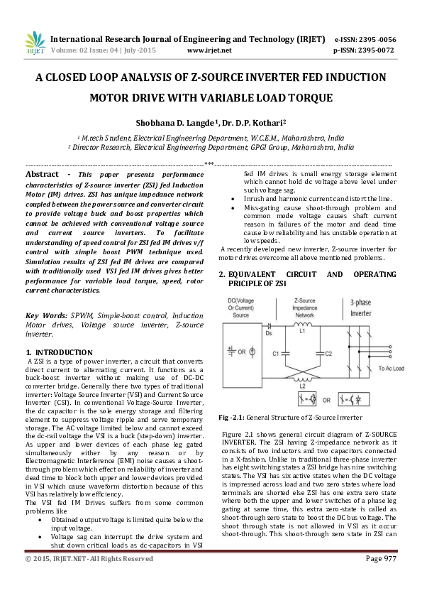 (PDF) IRJET-A CLOSED LOOP ANALYSIS OF Z-SOURCE INVERTER FED INDUCTION ...