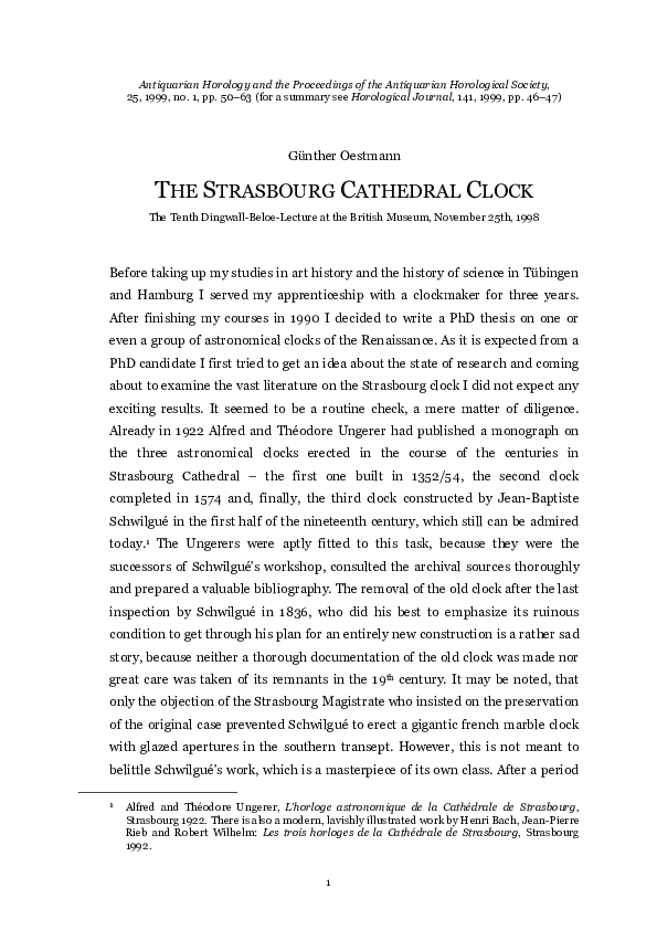 “The Strasbourg Cathedral Clock” [Xth Dingwall-Beloe Lecture, London, British Museum, 25.11.1998]. Antiquarian Horology and the Proceedings of the Antiquarian Horological Society, 25, 1999, nr. 1, 50–63 