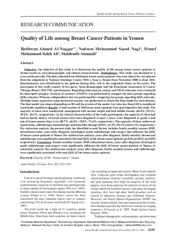 (PDF) Quality of Life among Breast Cancer Patients in Yemen