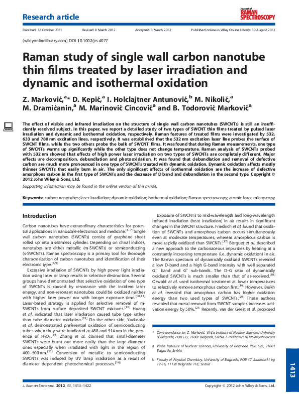 (PDF) Raman study of single wall carbon nanotube thin films treated by ...