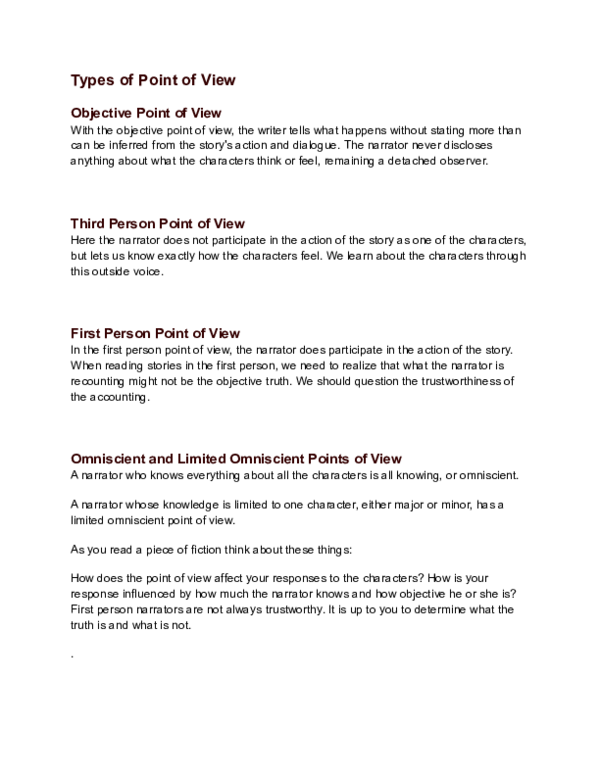 (DOC) Types of Point of View Objective Point of View
