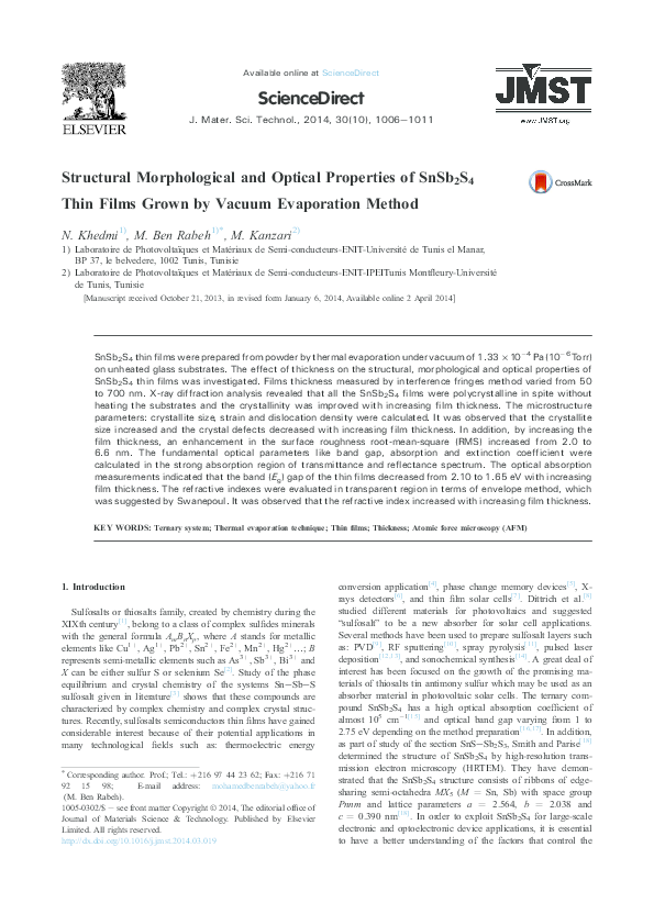 (PDF) Structural Morphological and Optical Properties of SnSb 2 S 4 ...