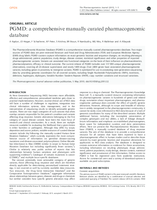 (PDF) PGMD: a comprehensive manually curated pharmacogenomic database