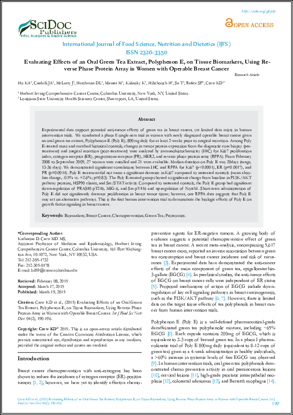 Pdf Evaluating Effects Of An Oral Green Tea Extract Polyphenon E On Tissue Biomarkers Using Reverse Phase Protein Array In Women With Operable Breast Cancer R International Journal Of Food Science