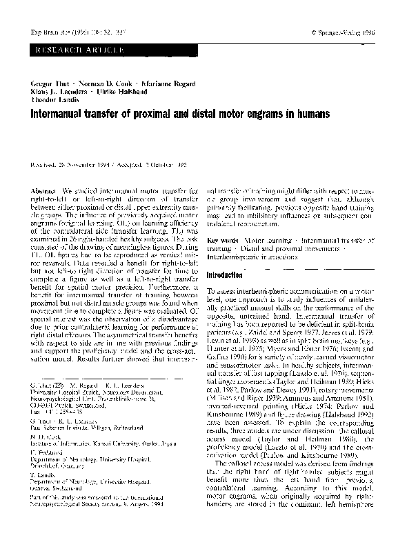 (PDF) Intermanual transfer of proximal and distal motor engrams in humans