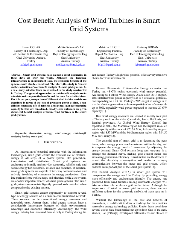 (PDF) Cost benefit analysis of wind turbines in smart grid systems