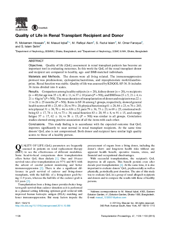 (PDF) Quality of Life in Renal Transplant Recipient and Donor