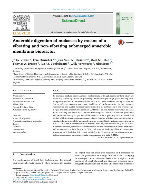 (PDF) Anaerobic digestion of molasses by means of a vibrating and non