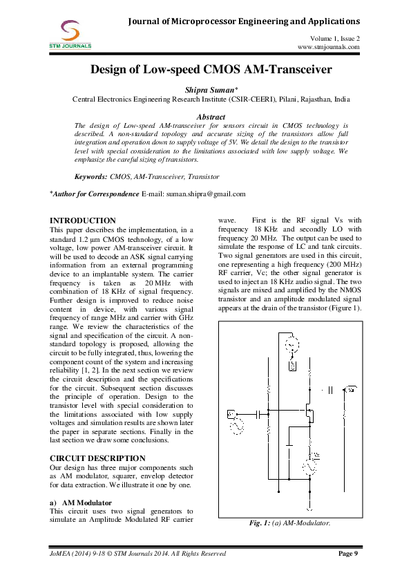 (PDF) Design of Lowspeed CMOS AMTransceiver Shipra Suman Academia.edu