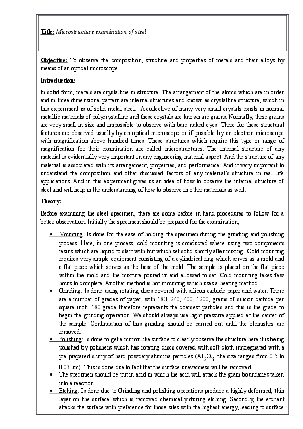 (DOC) Title: Microstructure examination of steel