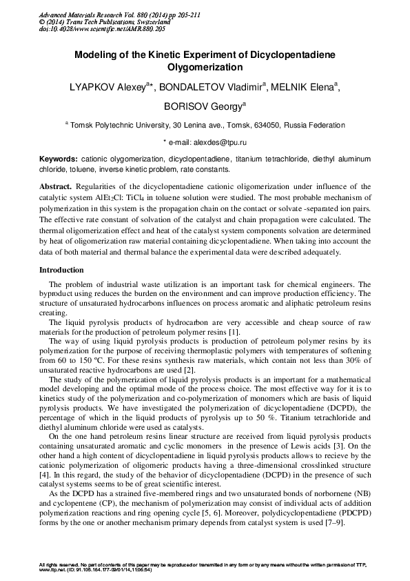(PDF) Modeling of the Kinetic Experiment of Dicyclopentadiene ...