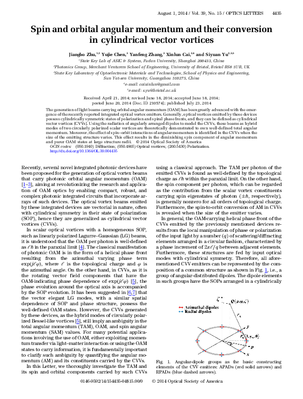 (PDF) Spin and orbital angular momentum and their conversion in ...