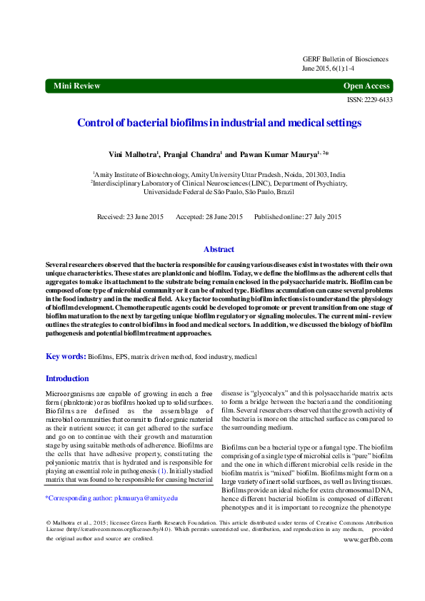 (PDF) Control of bacterial biofilms in industrial and medical settings