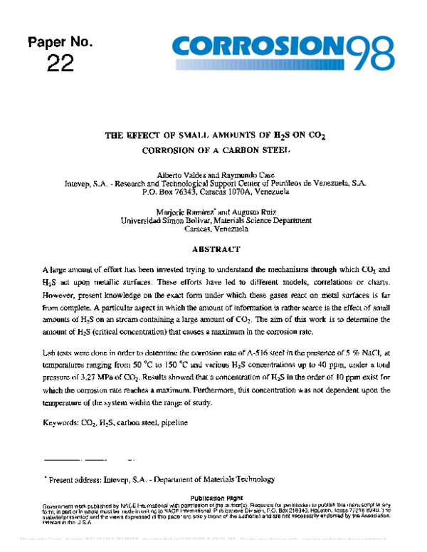 (PDF) THE EFFECT OF SMALL AMOUNTS OF H2S ON CO2 CORROSION OF A CARBON STEEL