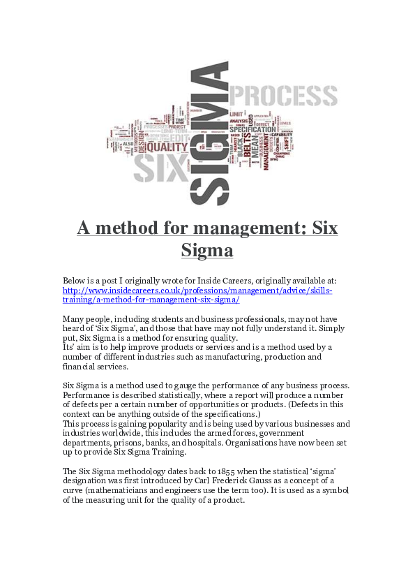(PDF) A method for management: Six Sigma