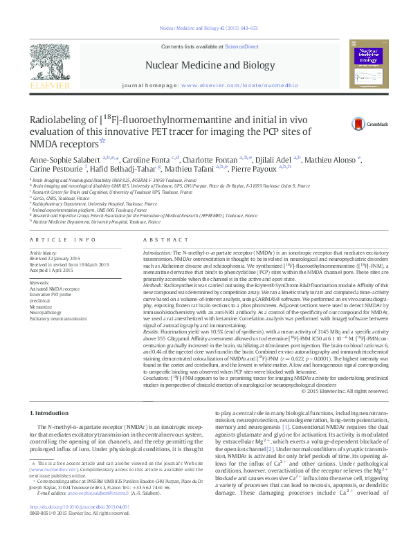 (PDF) Radiolabeling of [ 18 F]fluoroethylnormemantine and initial in