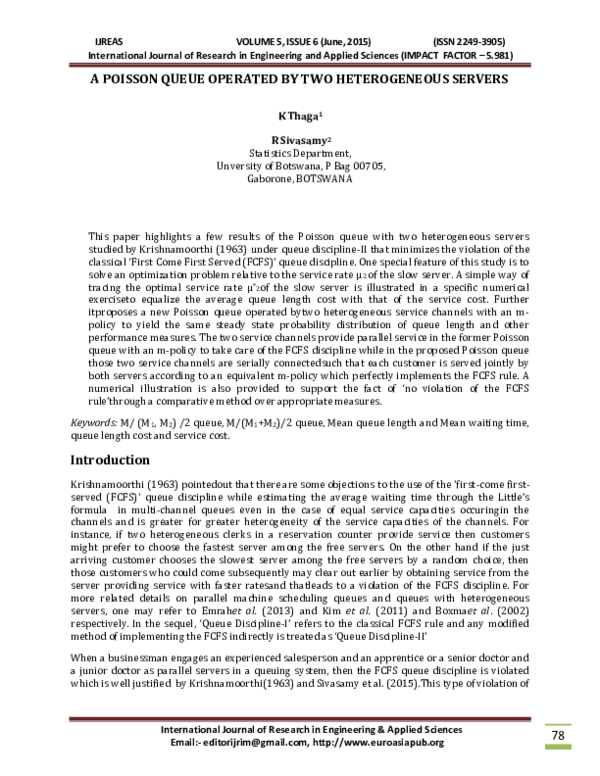 (PDF) A POISSON QUEUE OPERATED BY TWO HETEROGENEOUS SERVERS