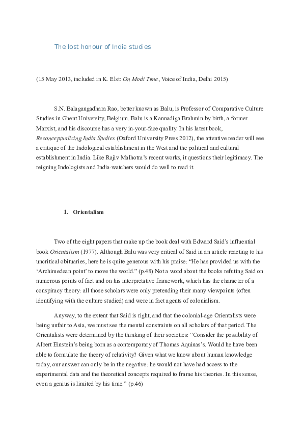 First page of “The lost honour of India Studies”