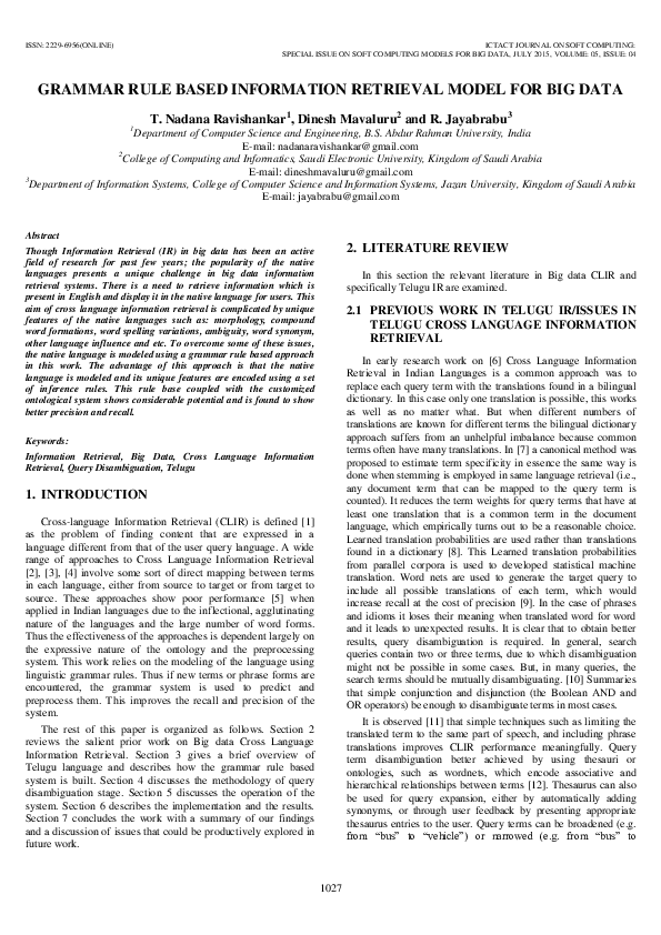 Pdf Grammar Rule Based Information Retrieval Model For Big Data Dr Nadana Ravishankar Academia Edu