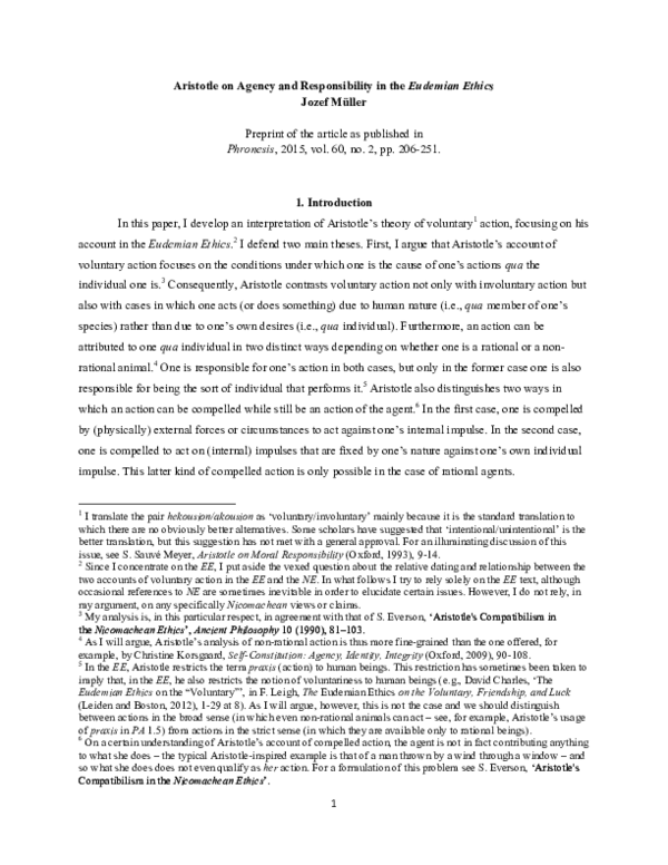 Agency and Responsibility in Aristotle's Eudemian Ethics