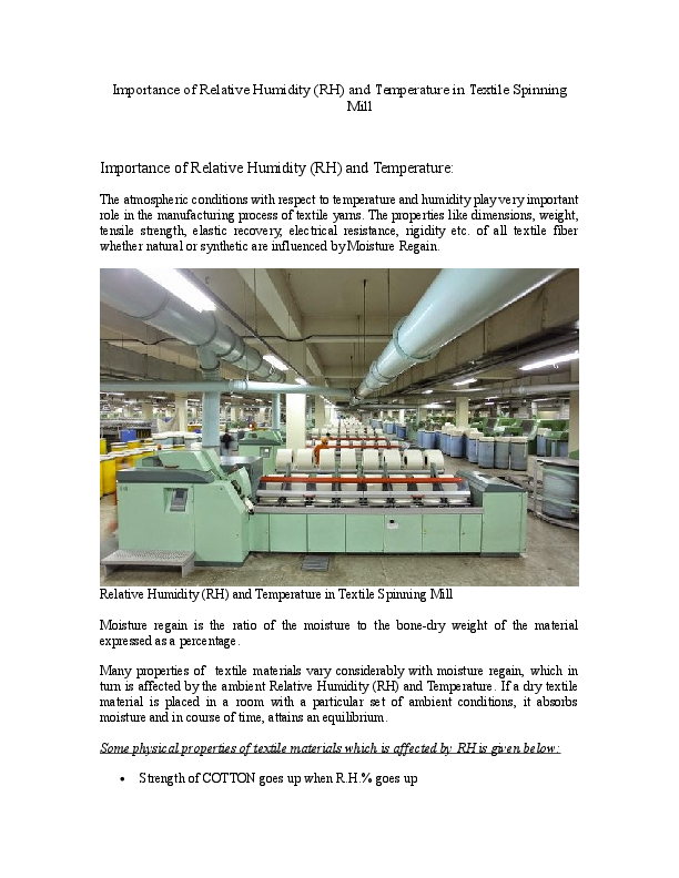 (DOC) Importance of Relative Humidity (RH) and Temperature in Textile