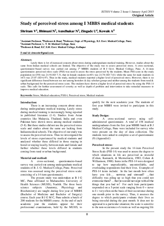 (PDF) Study of perceived stress among I MBBS medical students