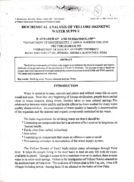 (PDF) BIOCHEMICAL ANALYSIS OF VELLORE DRINKING WATER SUPPLY Annadurai