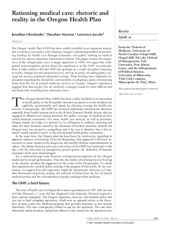 (PDF) Rationing medical care: rhetoric and reality in the Oregon Health ...