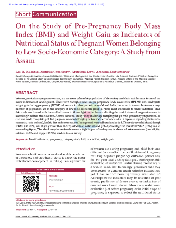 (PDF) On the Study of Pre-Pregnancy Body Mass Index (BMI) and Weight ...