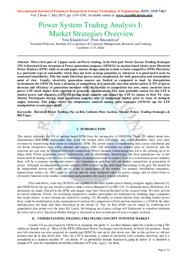 (PDF) Power System Trading Analysis I: Market Strategies Overview