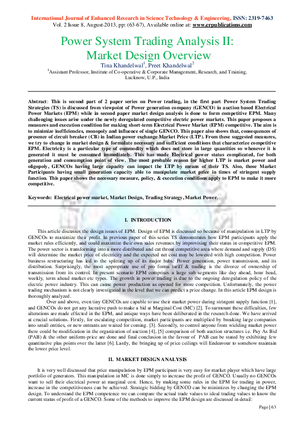 (PDF) Power System Trading Analysis II: Market Design Overview