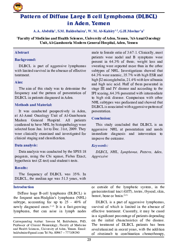 (PDF) Pattern of Diffuse Large B cell Lymphoma in Al-Amal Oncology Unit ...