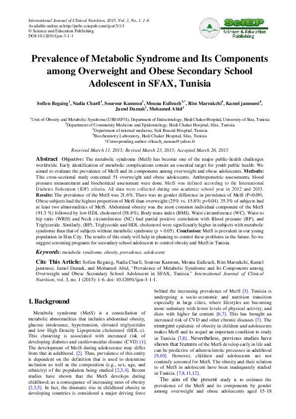 (PDF) Prevalence of Metabolic Syndrome and Its Components among ...