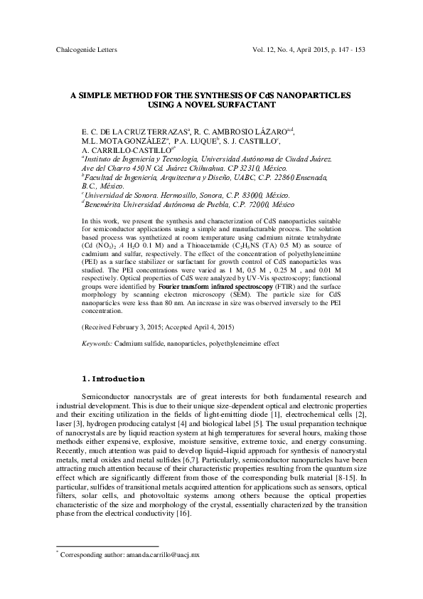 (PDF) A SIMPLE METHOD FOR THE SYNTHESIS OF CdS NANOPARTICLES