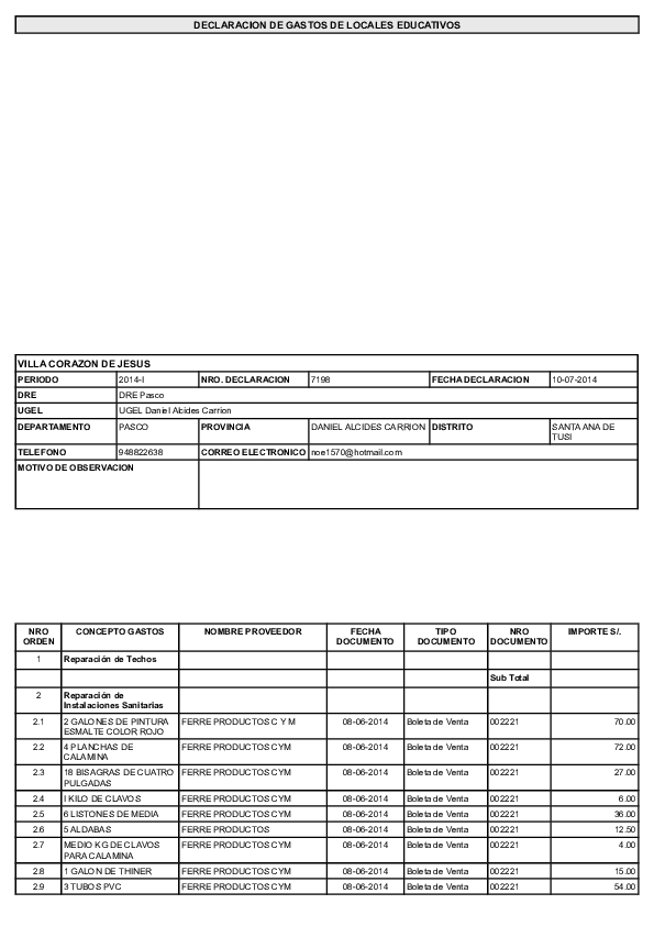 (DOC) DECLARACION DE GASTOS DE LOCALES EDUCATIVOS Anthony MAMANI