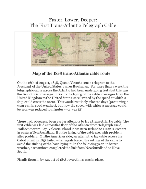 Pdf Faster Lower Deeper The First Trans Atlantic Telegraph Cable