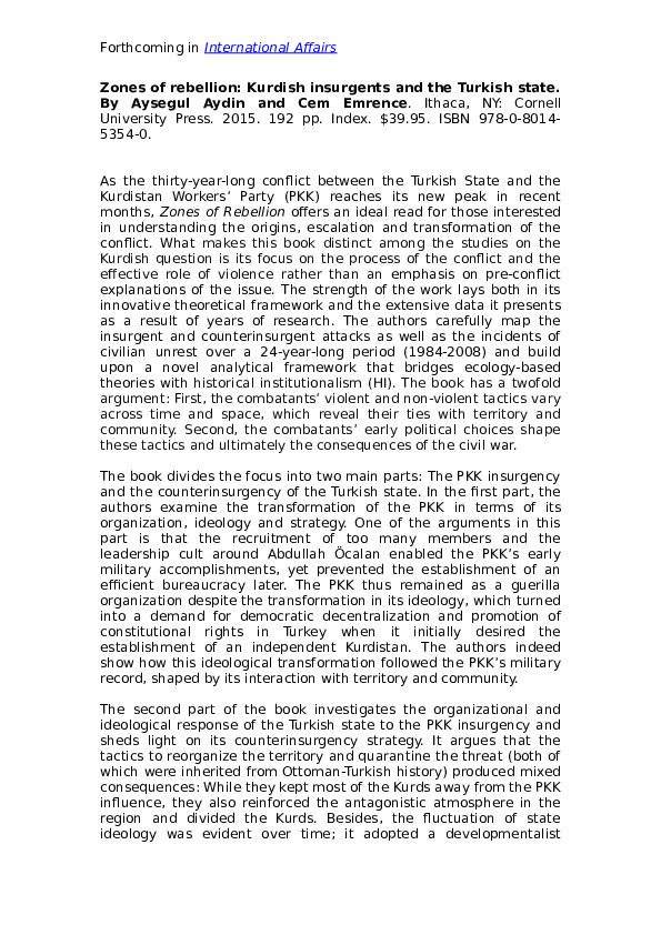 (DOC) Review of 'Zones of Rebellion: Kurdish Insurgents and the Turkish ...
