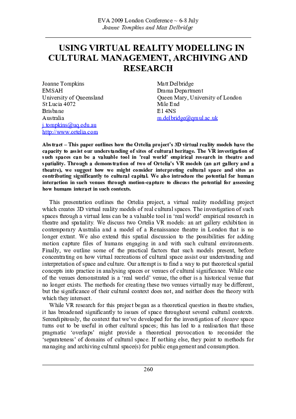 (PDF) Using Virtual Reality Modelling in Cultural Management, Archiving ...