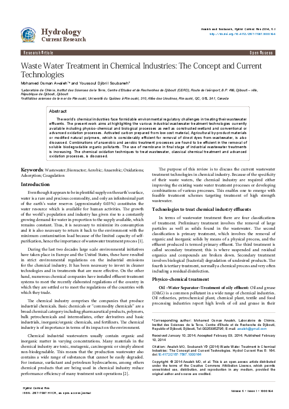 (PDF) Waste Water Treatment in Chemical Industries The Concept and Current Technologies