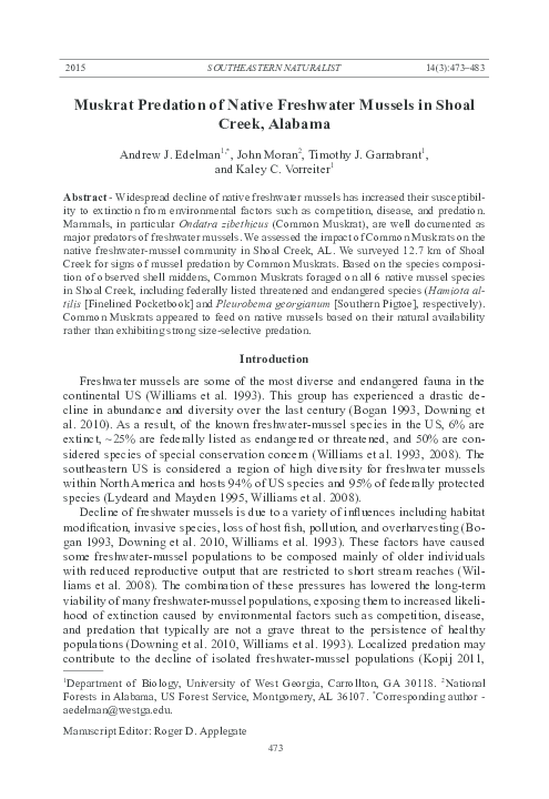(PDF) Muskrat predation of native freshwater mussels in Shoal Creek ...