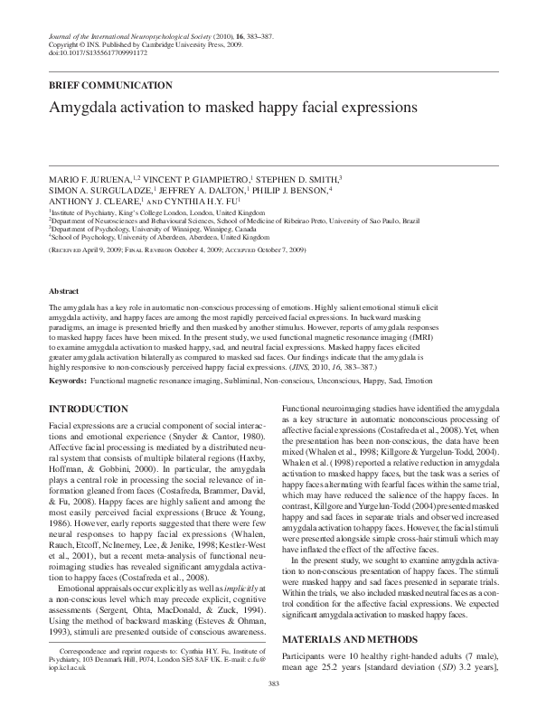 (PDF) Amygdala activation to masked happy facial expressions