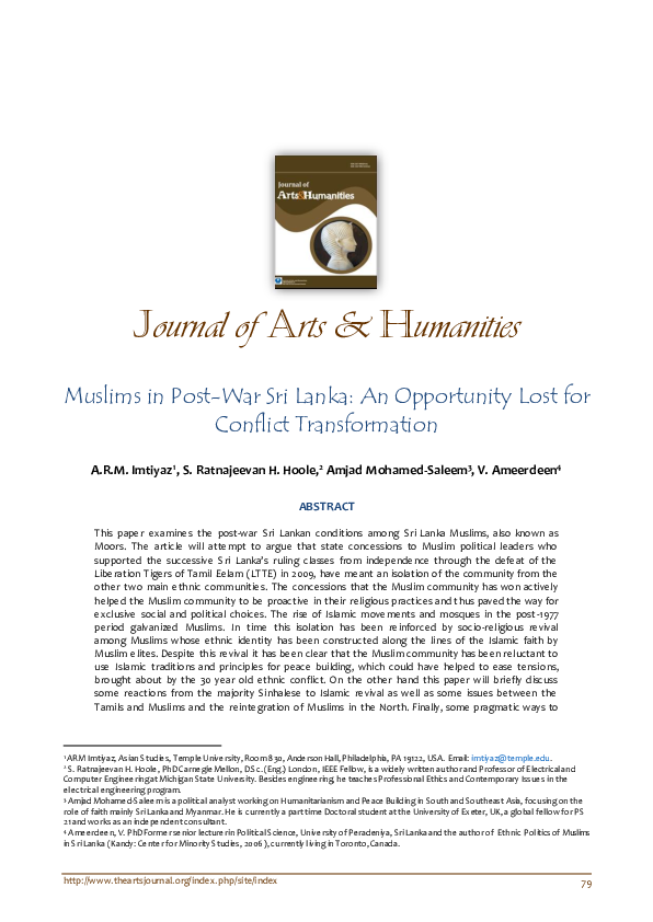 (PDF) Muslims in Post War Sri Lanka: An Opportunity Lost for Conflict ...