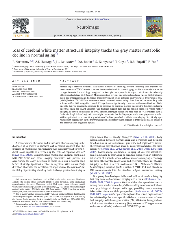 (PDF) Loss of cerebral white matter structural integrity tracks the ...