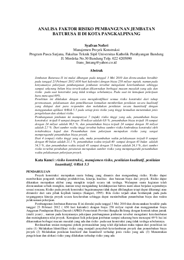 Pdf Analisa Faktor Risiko Pembangunan Jembatan Baturusa Ii Di Kota Pangkalpinang Syafran Noferi Academia Edu